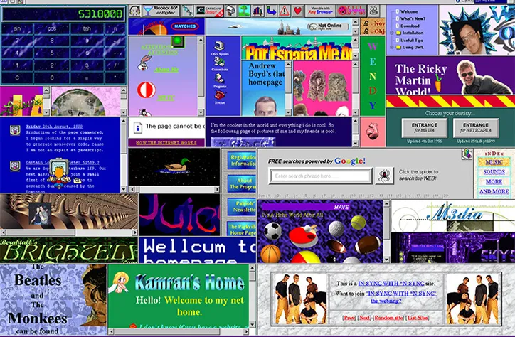 Collage of early Geocities websites showing colorful and eclectic designs